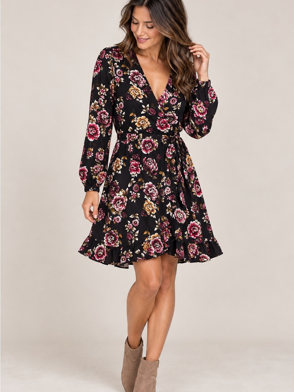 Dex Long Sleeve Floral Wrap Dress in Black with Pink & Gold Blooms Size Small